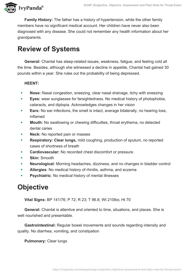 SOAP (Subjective, Objective, Assessment and Plan) Note for Throat Exam. Page 2