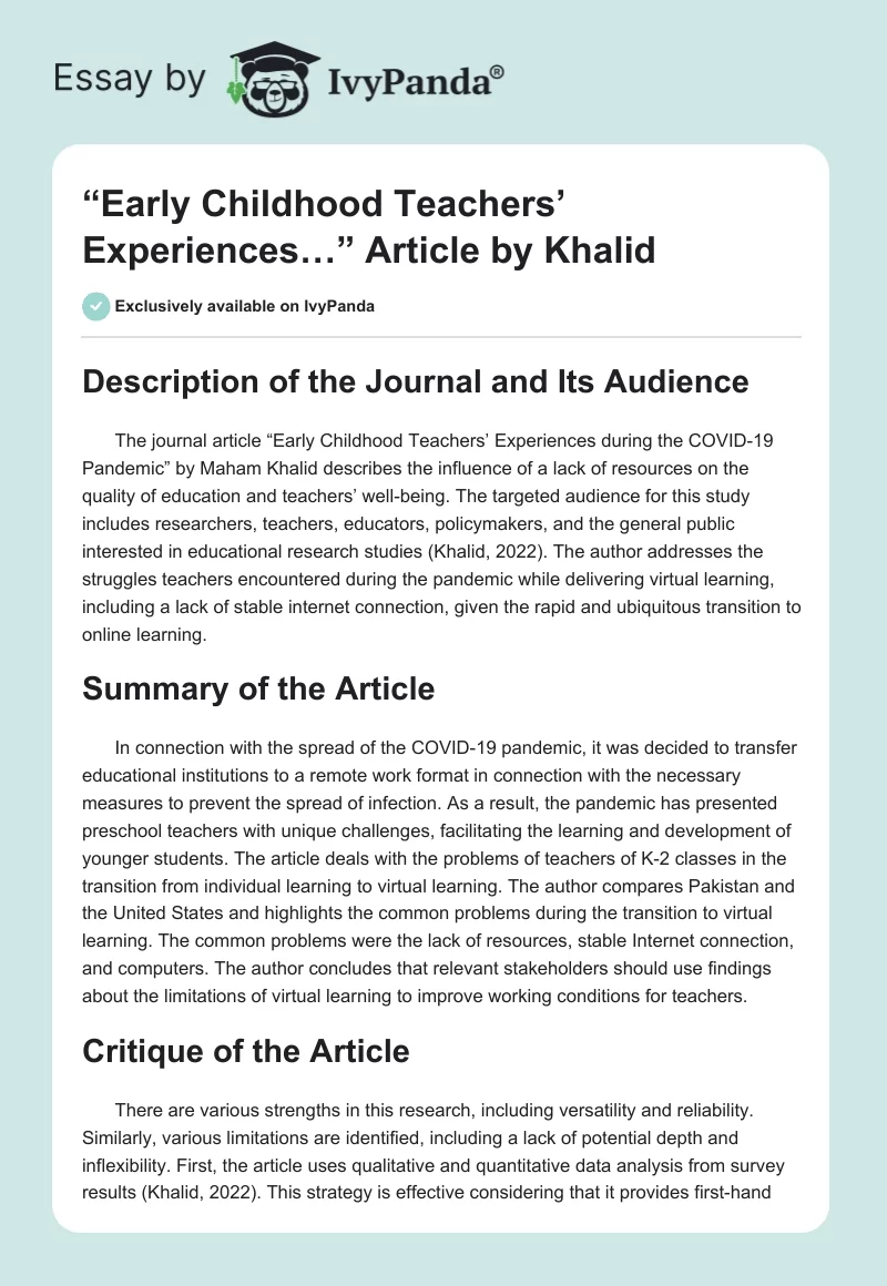 “Early Childhood Teachers’ Experiences…” Article by Khalid. Page 1