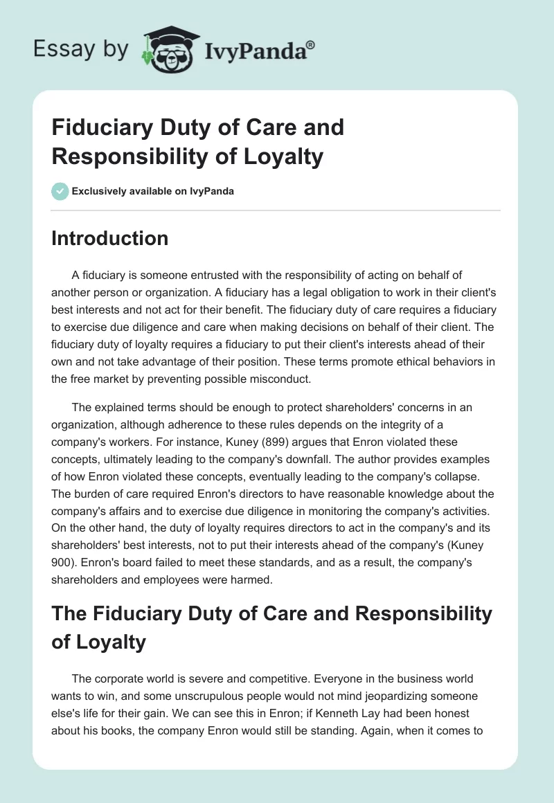 Fiduciary Duty of Care and Responsibility of Loyalty. Page 1