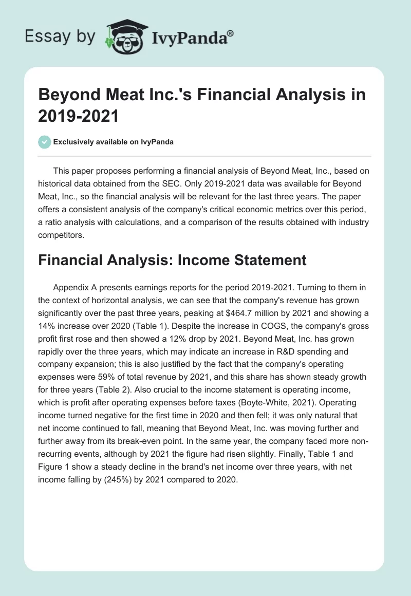 Beyond Meat Inc.'s Financial Analysis in 2019-2021. Page 1