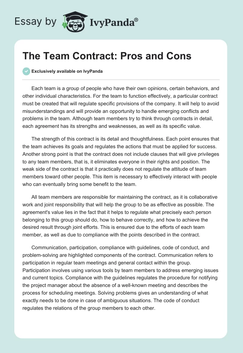 The Team Contract: Pros and Cons. Page 1