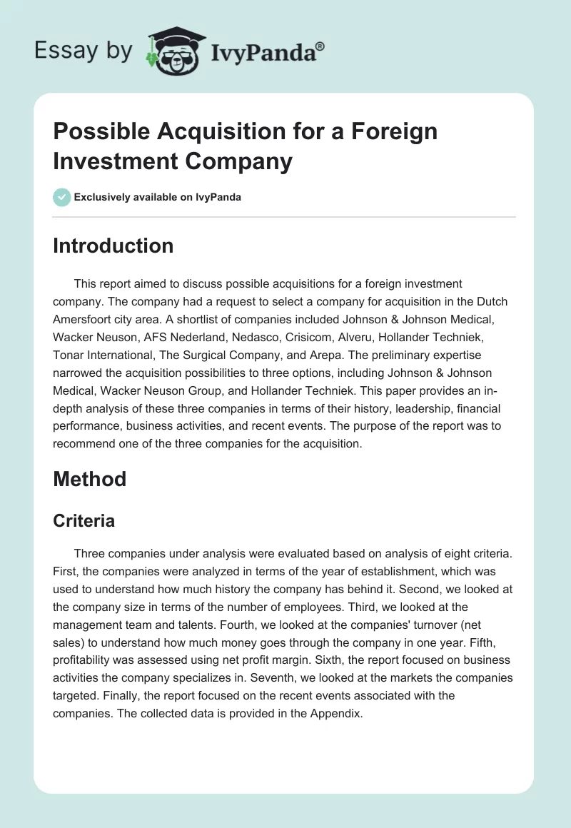 Possible Acquisition for a Foreign Investment Company. Page 1