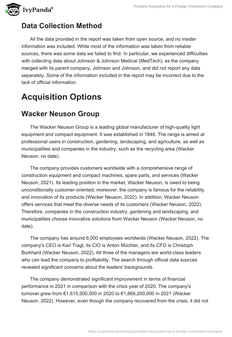 Possible Acquisition for a Foreign Investment Company. Page 2