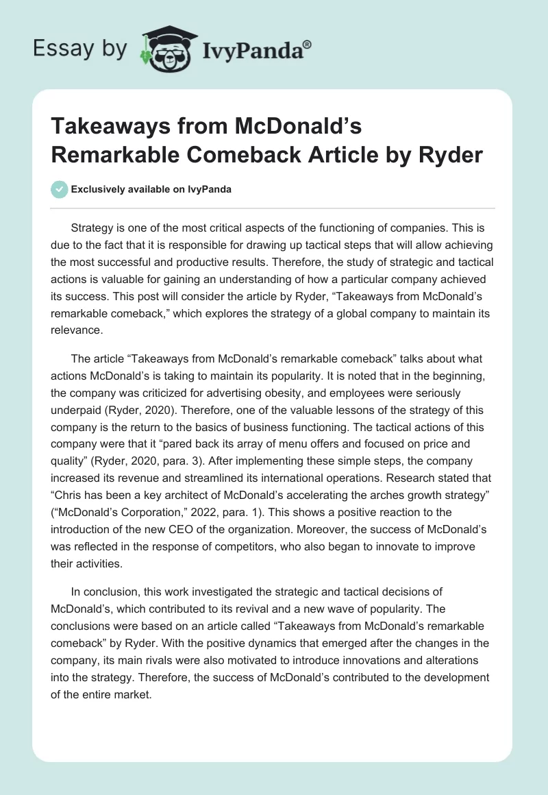 Takeaways from McDonald’s Remarkable Comeback Article by Ryder. Page 1