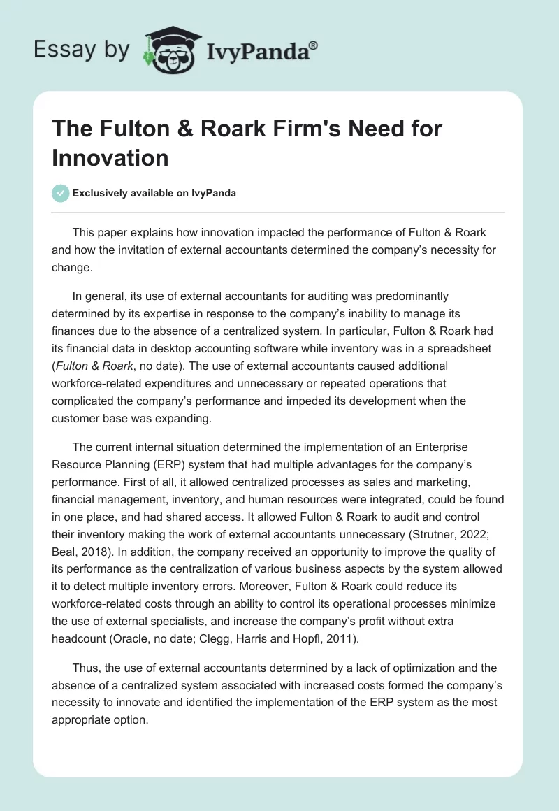 The Fulton & Roark Firm's Need for Innovation. Page 1