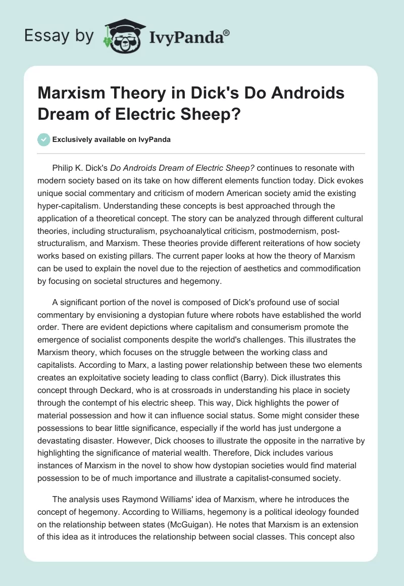 Marxism Theory in Dick's Do Androids Dream of Electric Sheep?. Page 1