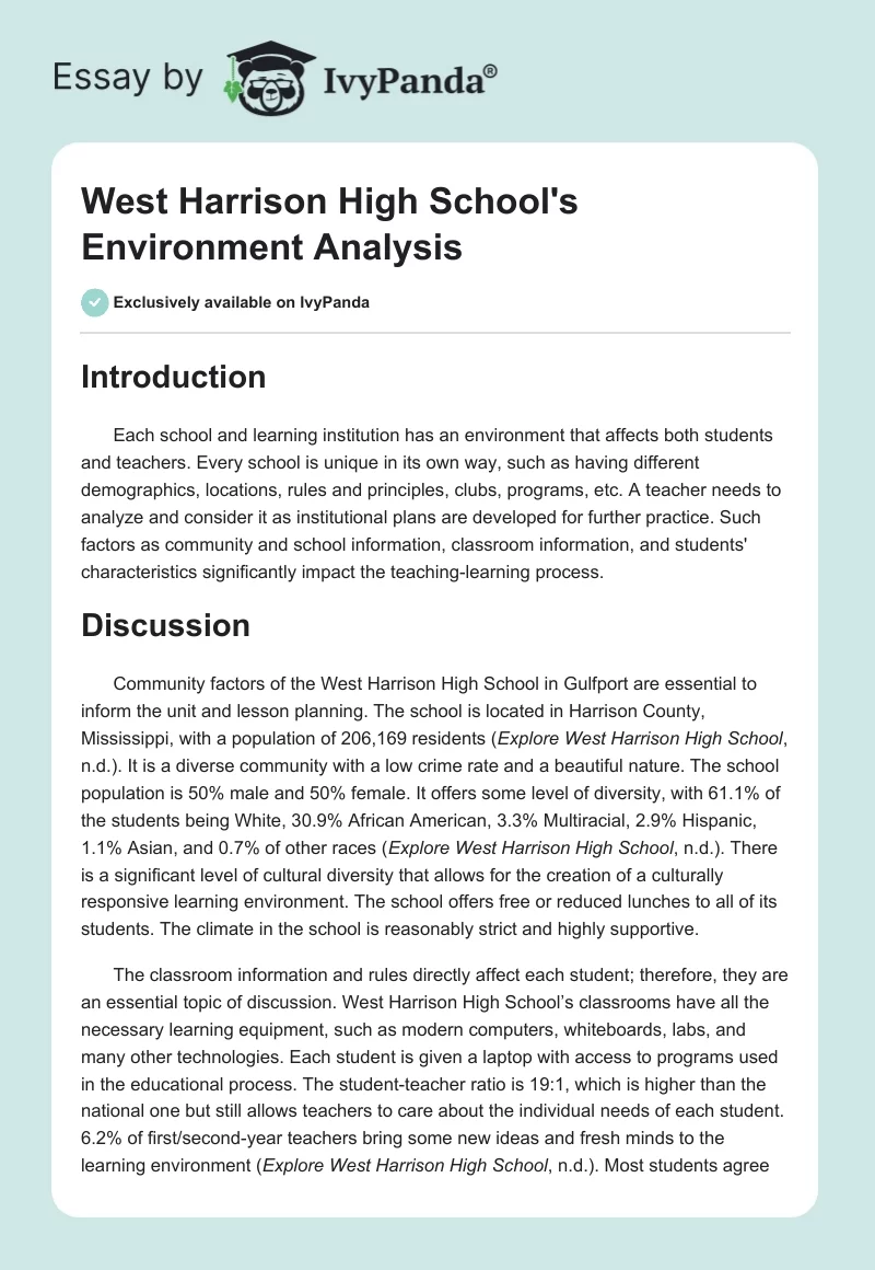 West Harrison High School's Environment Analysis. Page 1