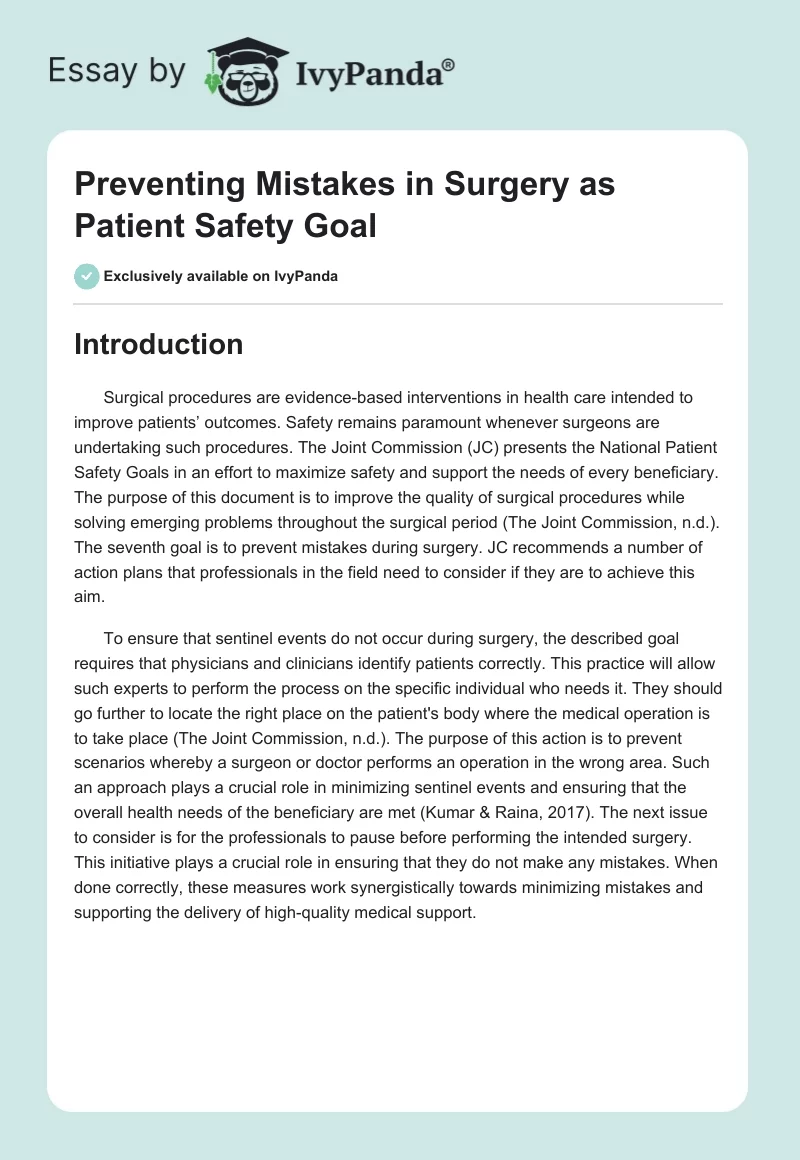 Preventing Mistakes in Surgery as Patient Safety Goal. Page 1