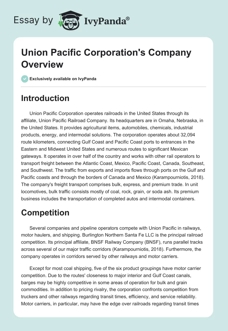 Union Pacific Corporation's Company Overview. Page 1