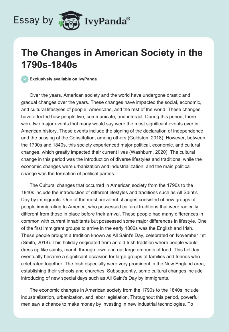 The Changes in American Society in the 1790s-1840s. Page 1