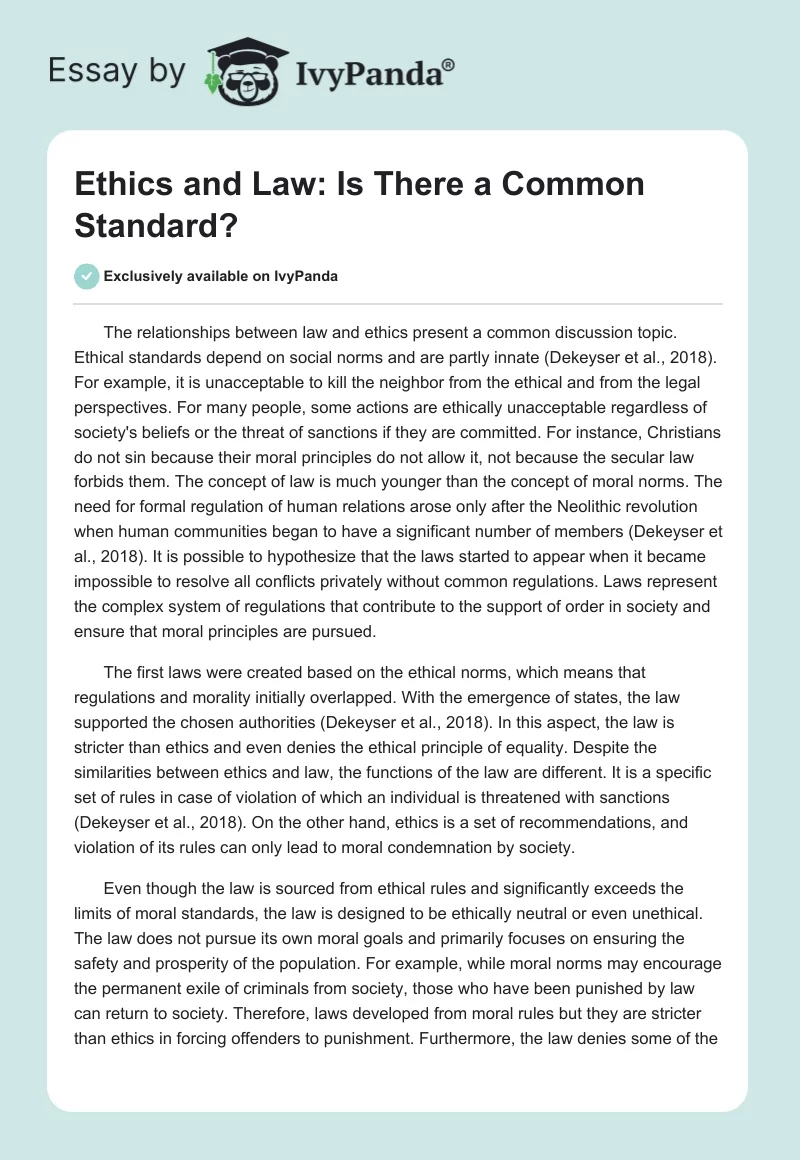 Ethics and Law: Is There a Common Standard?. Page 1