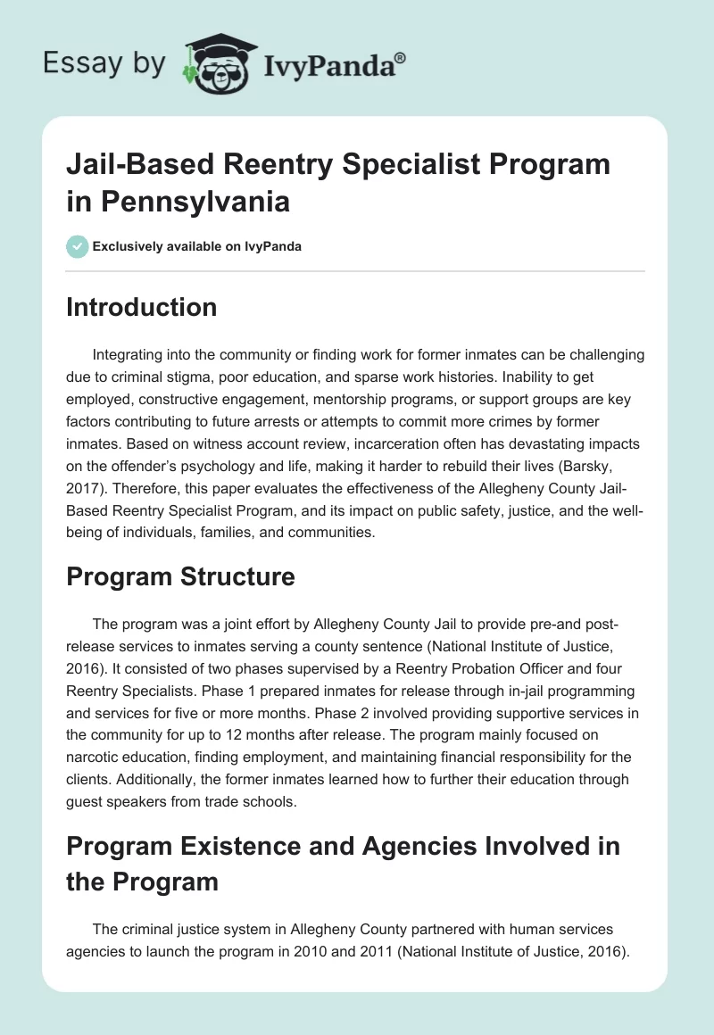 Jail-Based Reentry Specialist Program in Pennsylvania. Page 1