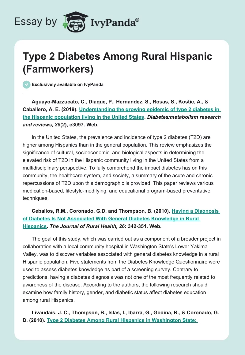 Type 2 Diabetes Among Rural Hispanic (Farmworkers). Page 1