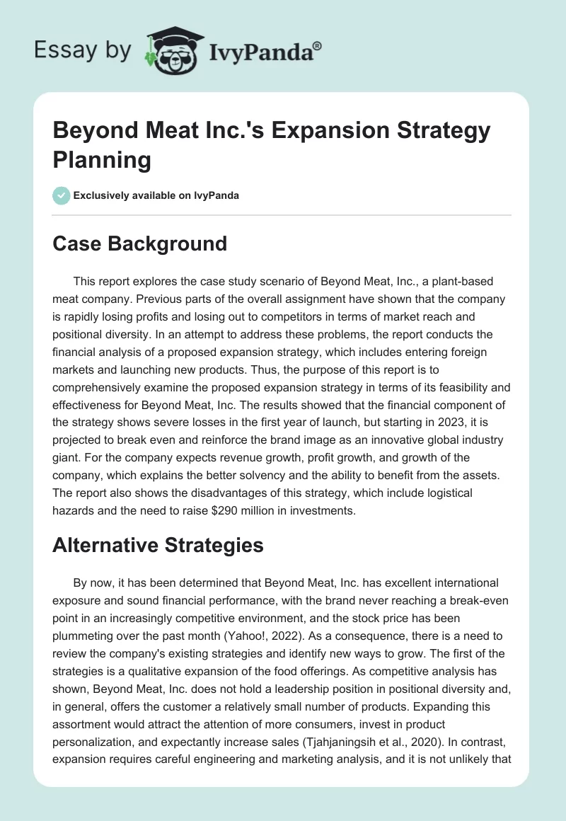 Beyond Meat Inc.'s Expansion Strategy Planning. Page 1