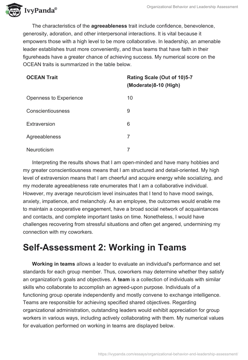 Organizational Behavior and Leadership Assessment. Page 4