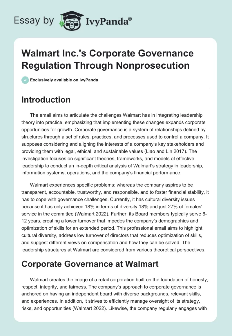 Walmart Inc.'s Corporate Governance Regulation Through Nonprosecution. Page 1