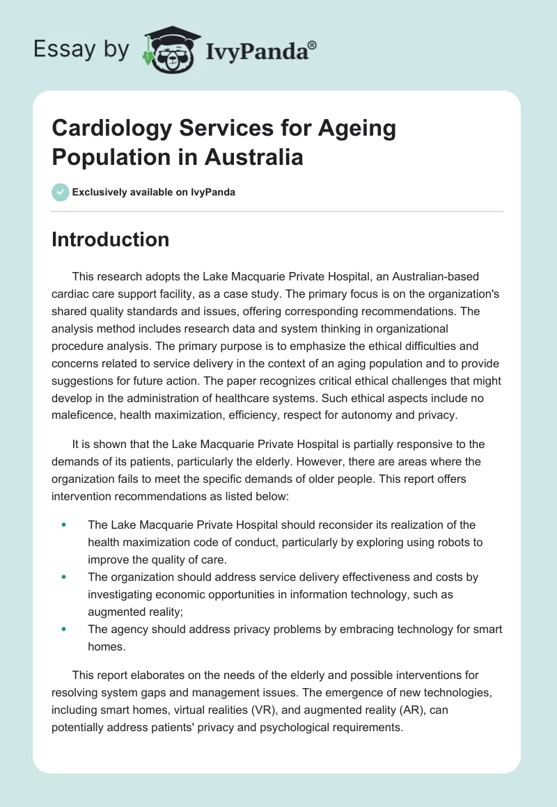 Cardiology Services for Ageing Population in Australia. Page 1