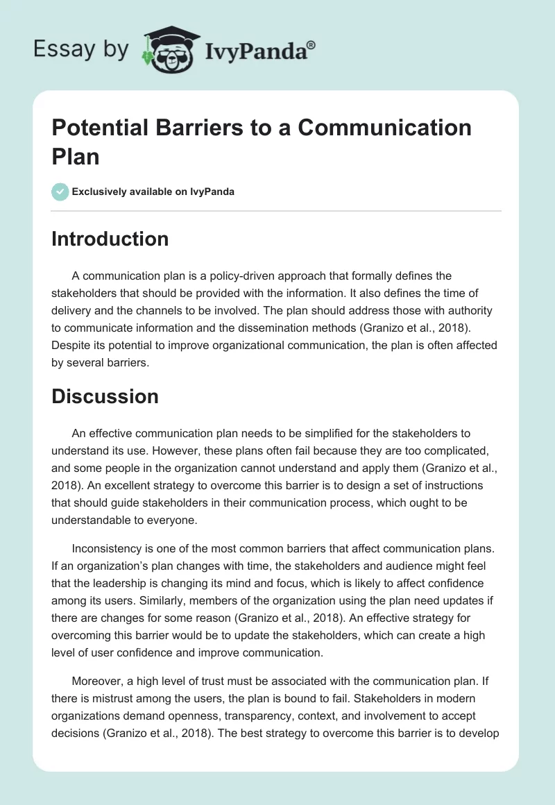 Potential Barriers to a Communication Plan. Page 1