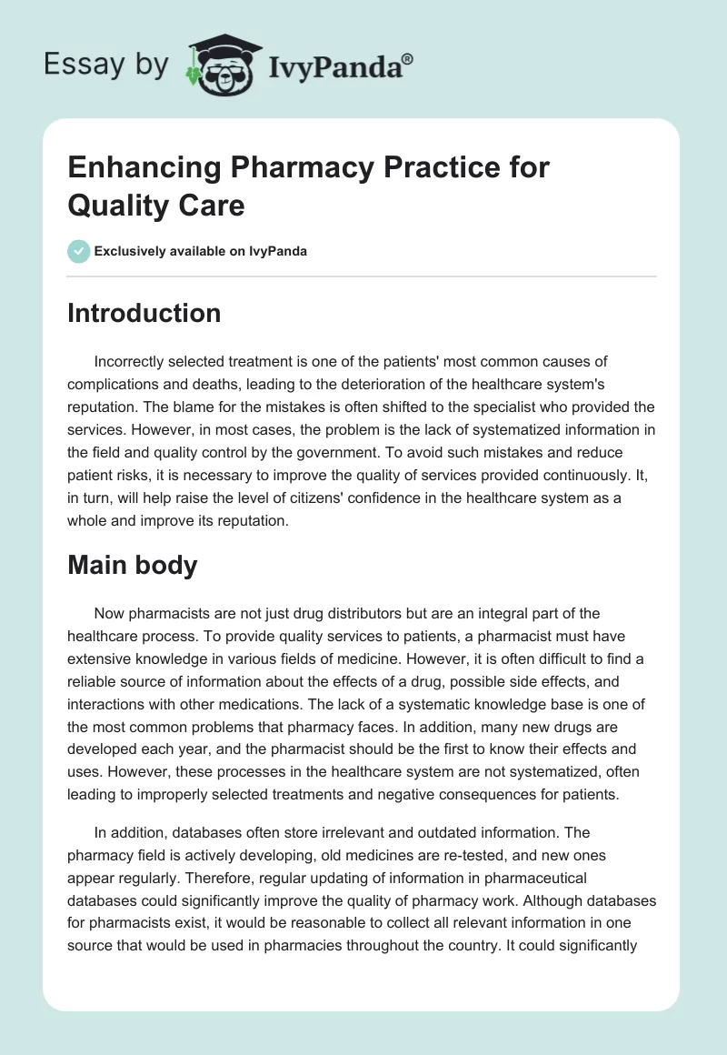 Enhancing Pharmacy Practice for Quality Care. Page 1