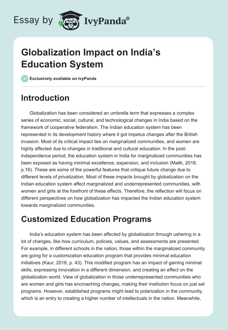 Globalization Impact on India’s Education System. Page 1