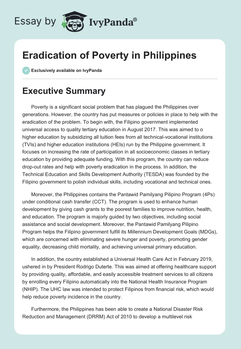 Eradication of Poverty in Philippines. Page 1