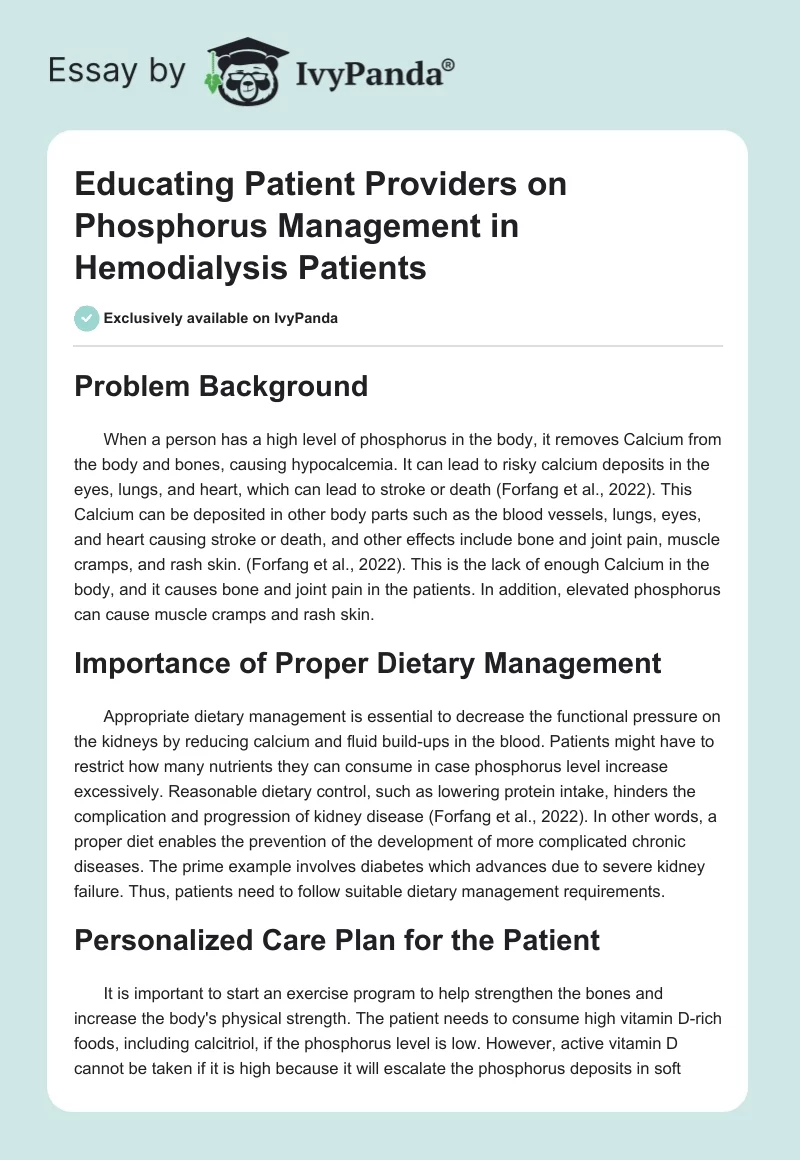 Educating Patient Providers on Phosphorus Management in Hemodialysis Patients. Page 1