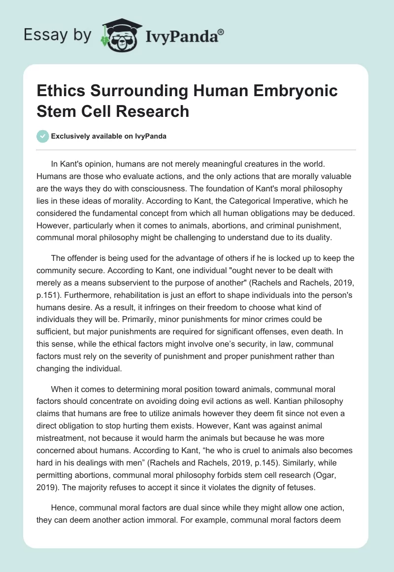 Ethics Surrounding Human Embryonic Stem Cell Research. Page 1