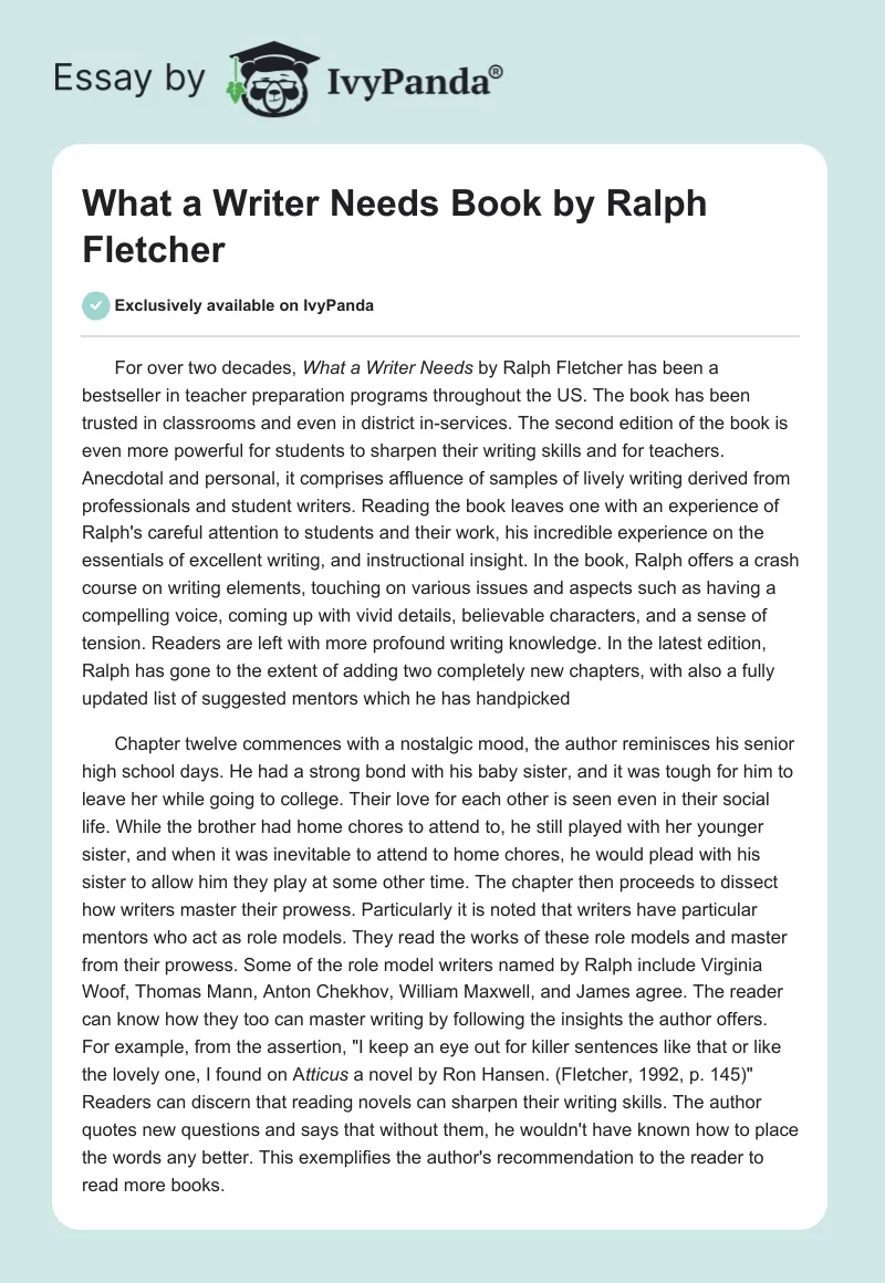 What a Writer Needs Book by Ralph Fletcher. Page 1