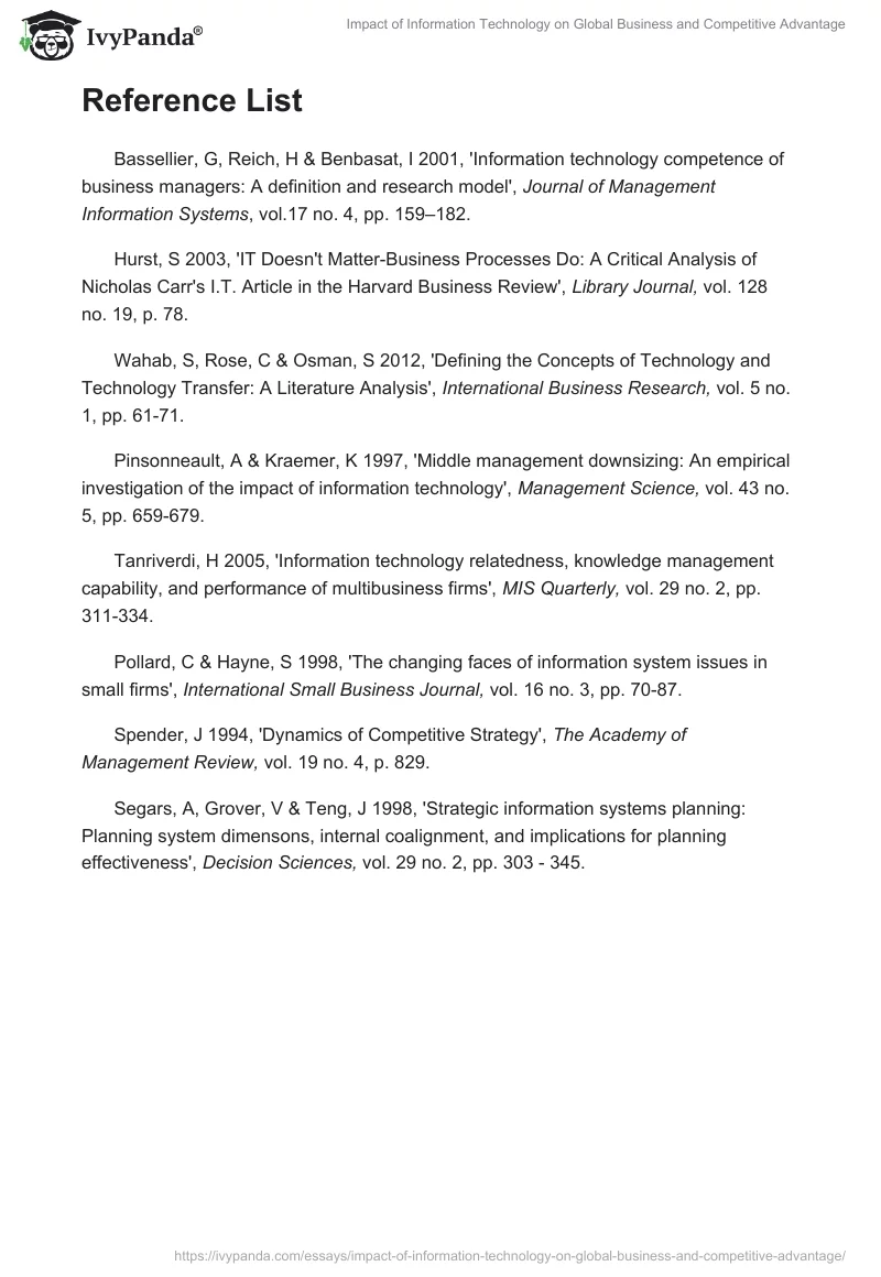 Impact of Information Technology on Global Business and Competitive Advantage. Page 5