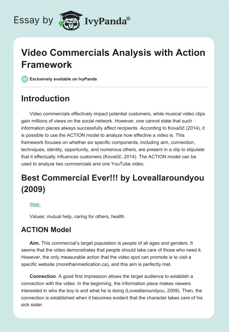 Video Commercials Analysis with Action Framework. Page 1