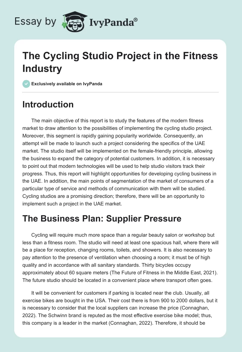 The Cycling Studio Project in the Fitness Industry. Page 1