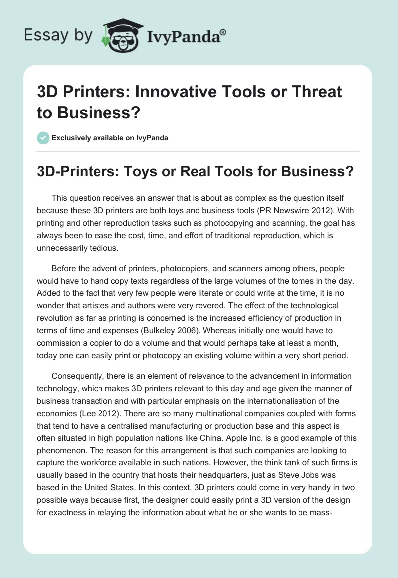 3D Printers: Innovative Tools or Threat to Business?. Page 1