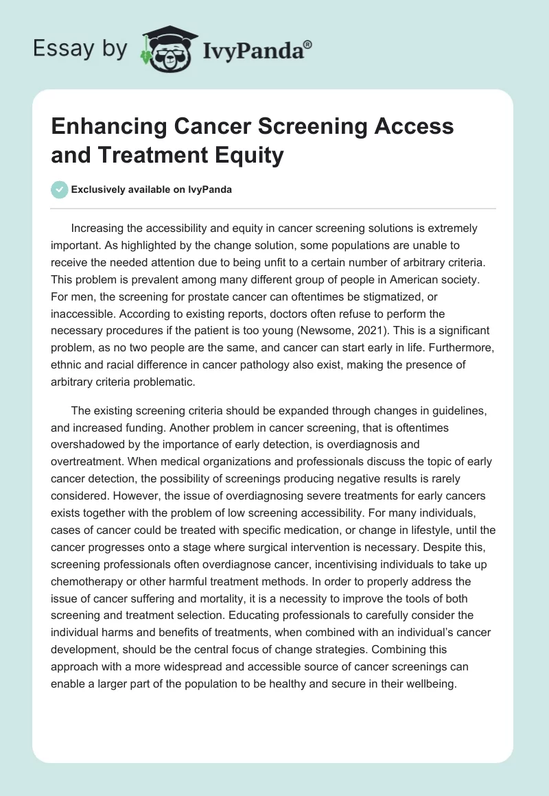 Enhancing Cancer Screening Access and Treatment Equity. Page 1