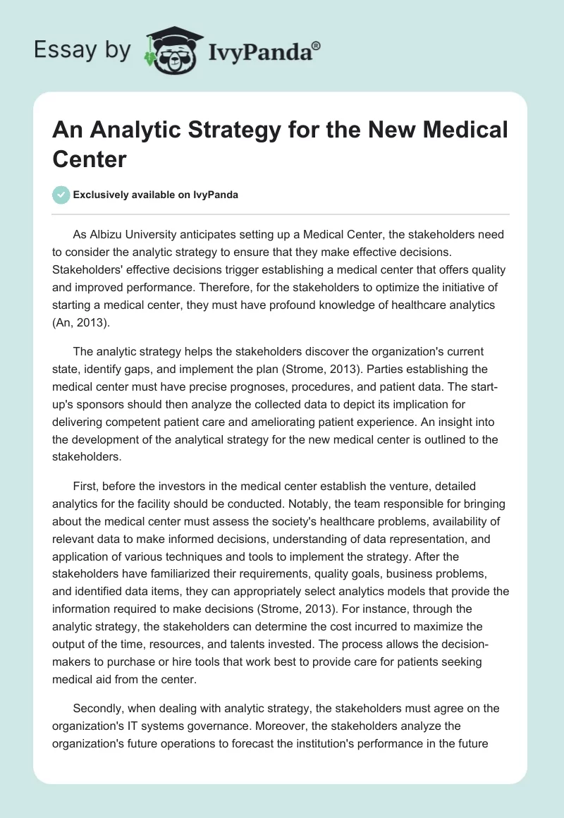 An Analytic Strategy for the New Medical Center. Page 1