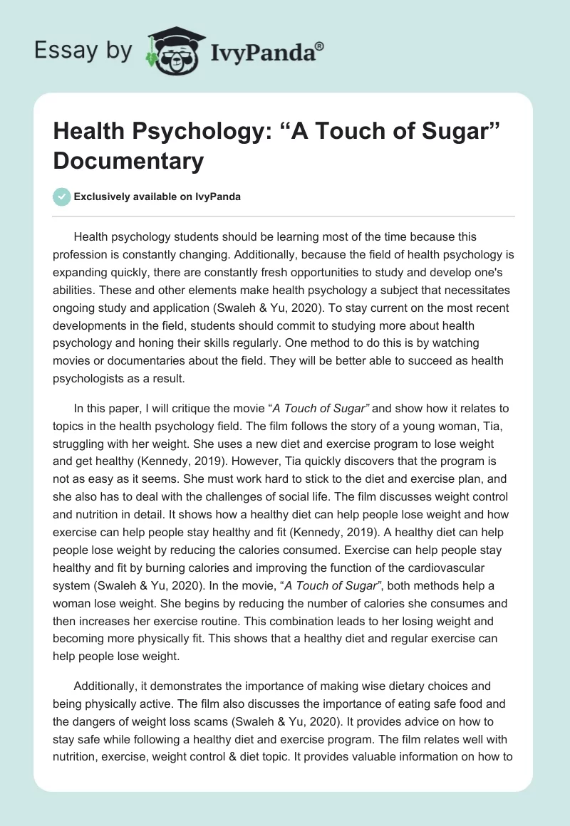 Health Psychology: “A Touch of Sugar” Documentary. Page 1