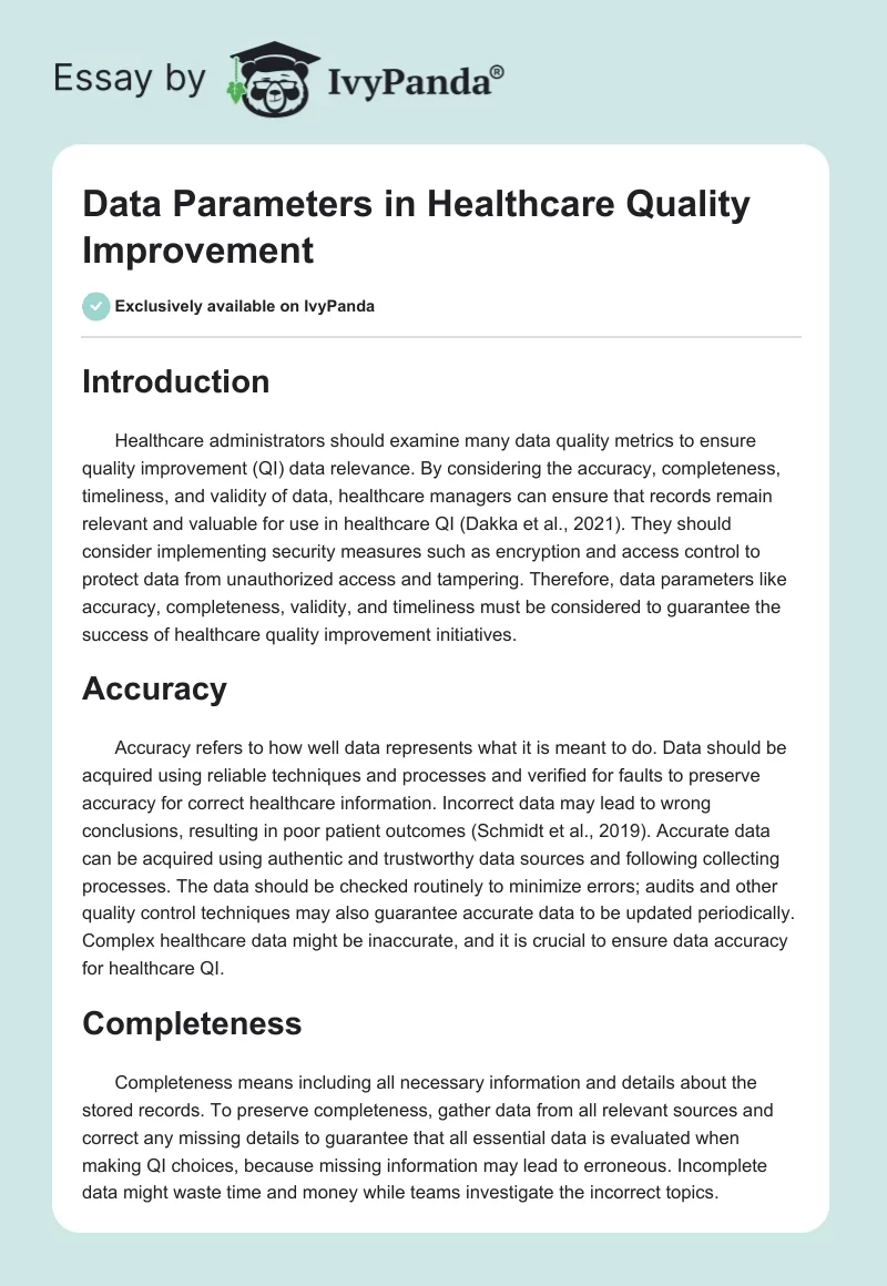 Data Parameters in Healthcare Quality Improvement. Page 1