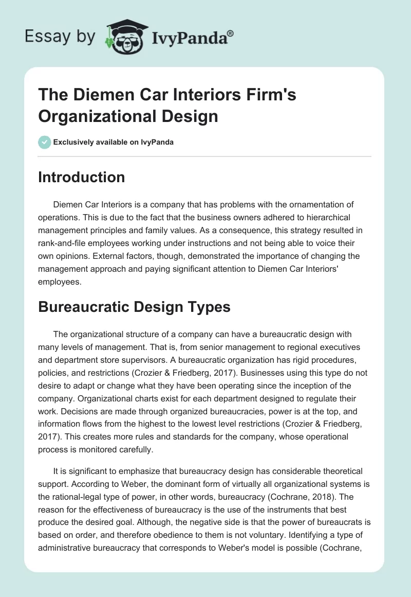 The Diemen Car Interiors Firm's Organizational Design. Page 1