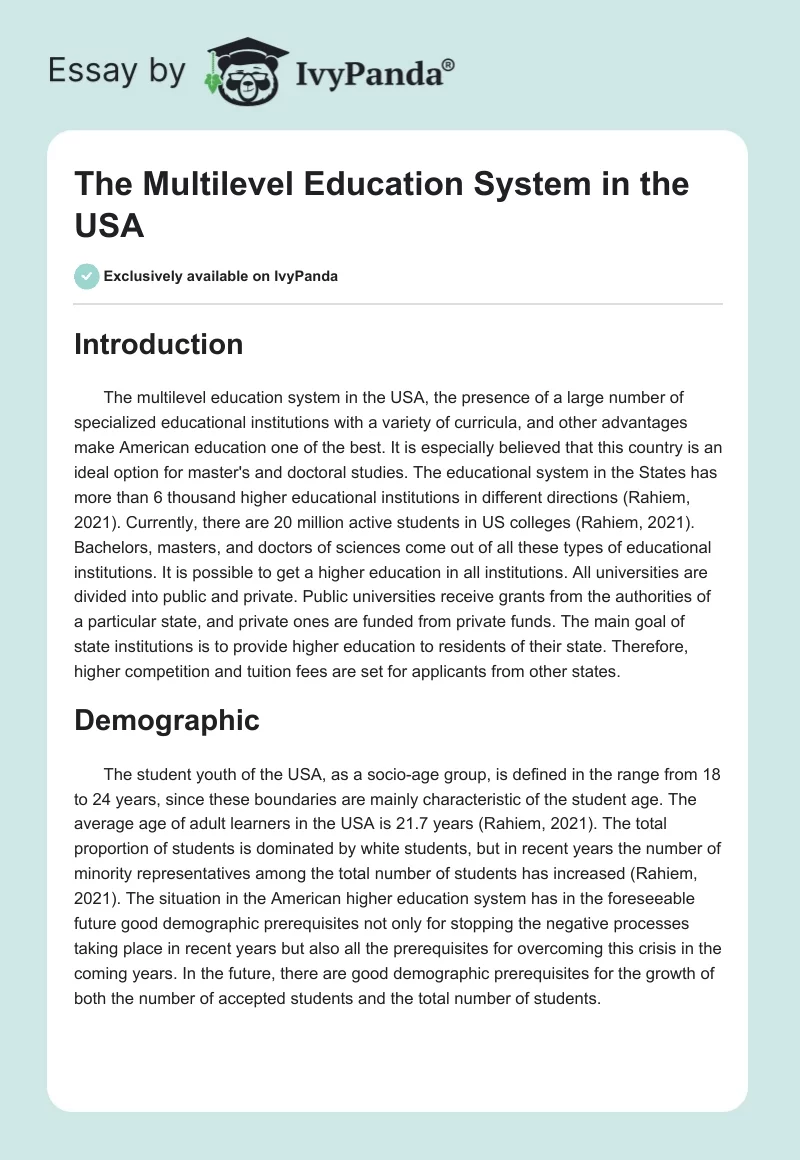 The Multilevel Education System in the USA. Page 1