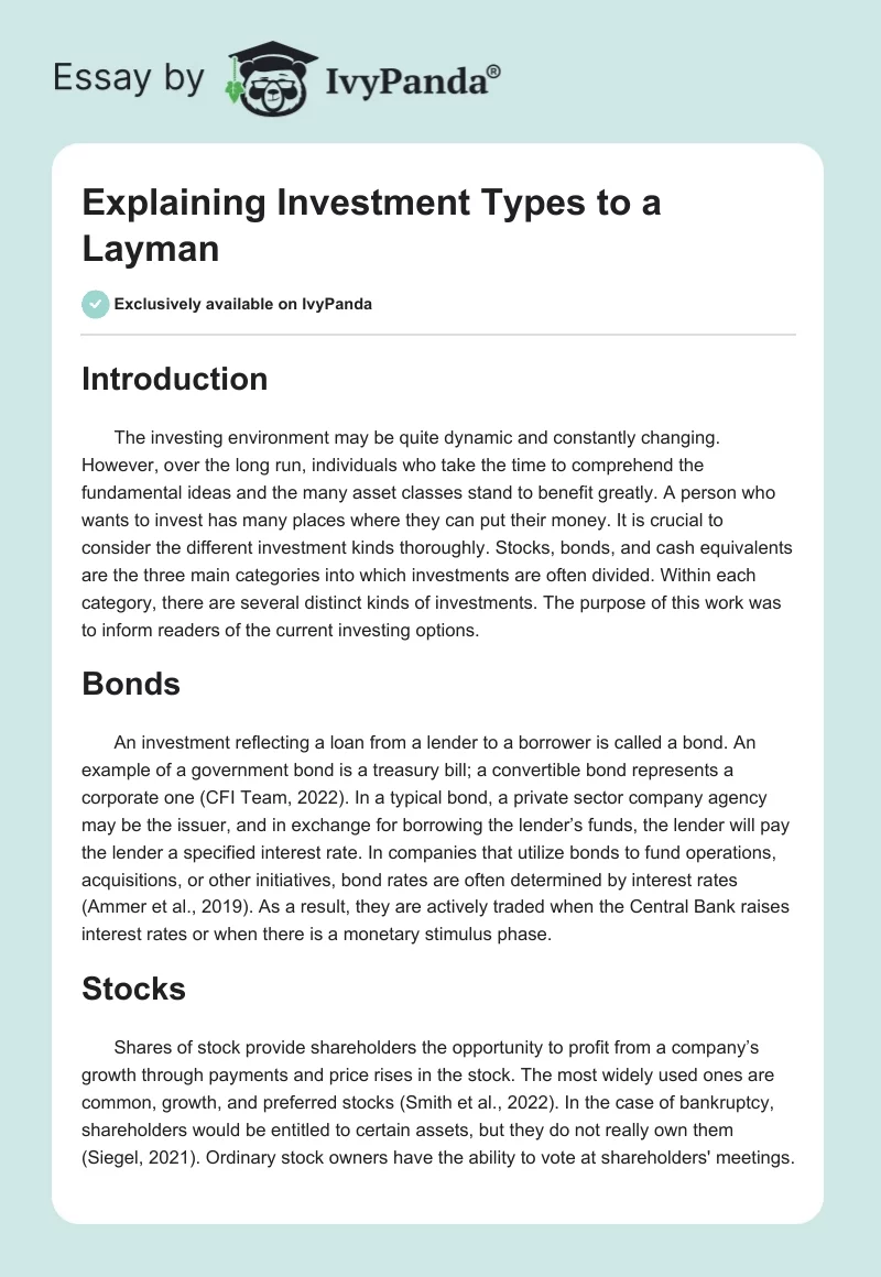 Explaining Investment Types to a Layman. Page 1
