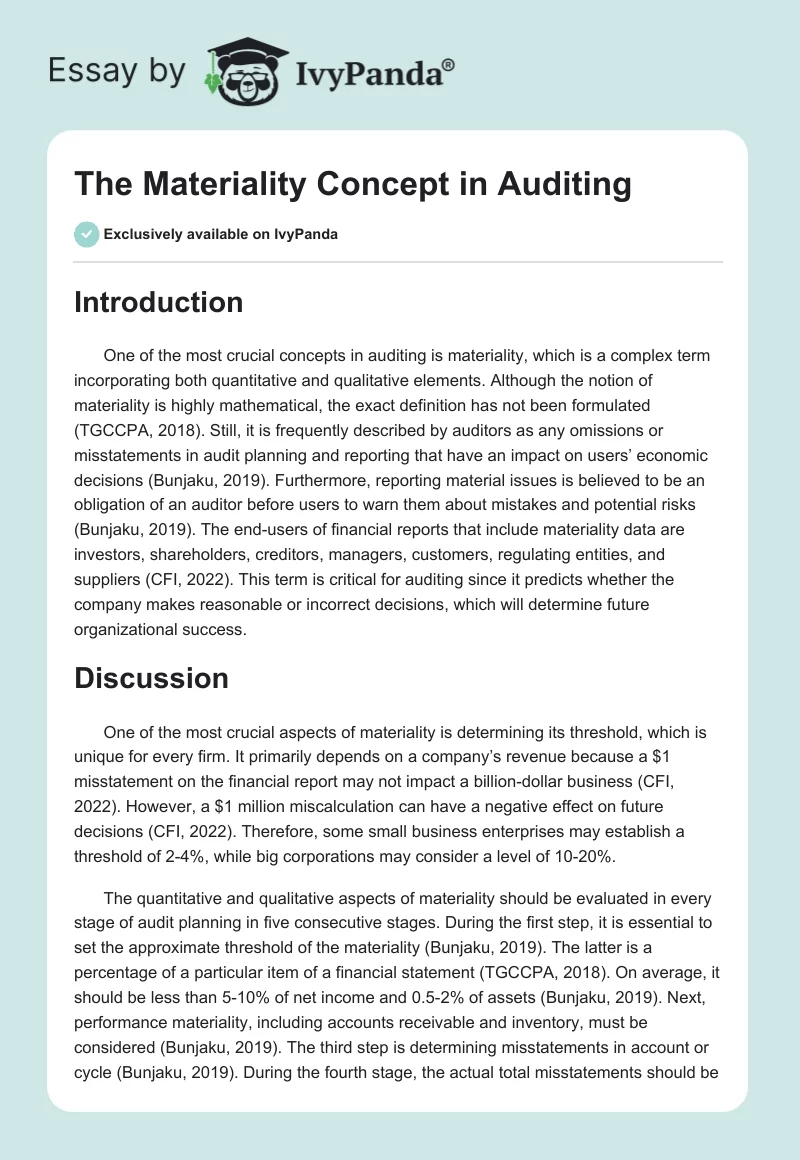 The Materiality Concept in Auditing. Page 1