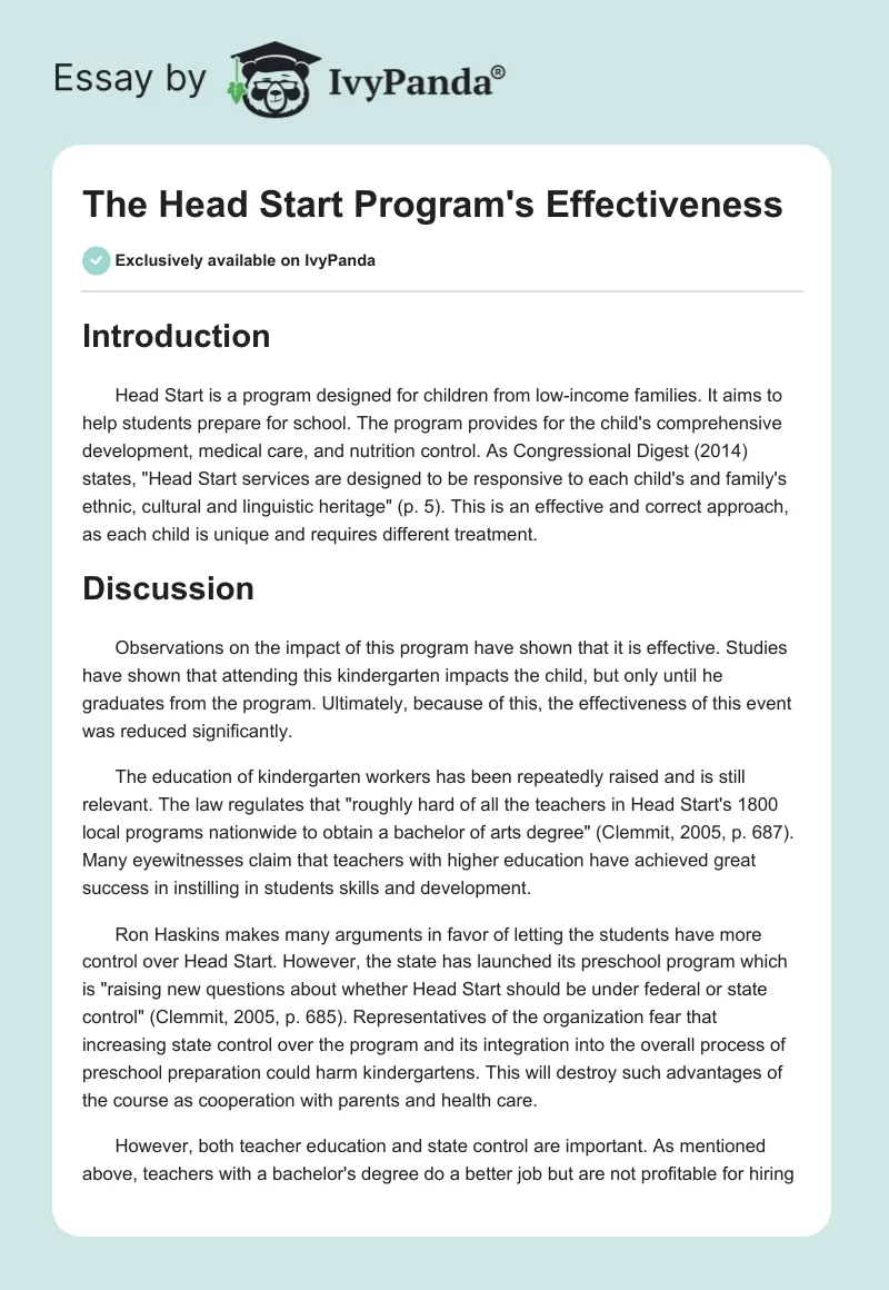 The Head Start Program's Effectiveness. Page 1