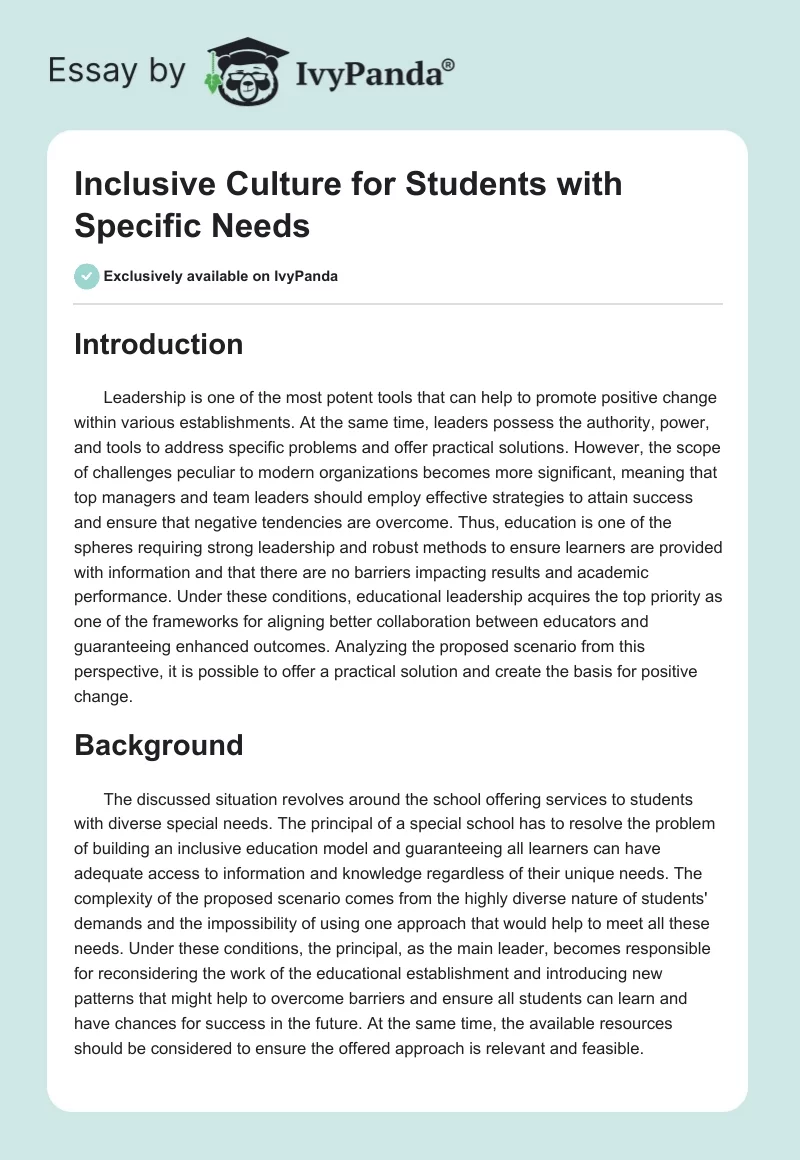 Inclusive Culture for Students with Specific Needs. Page 1