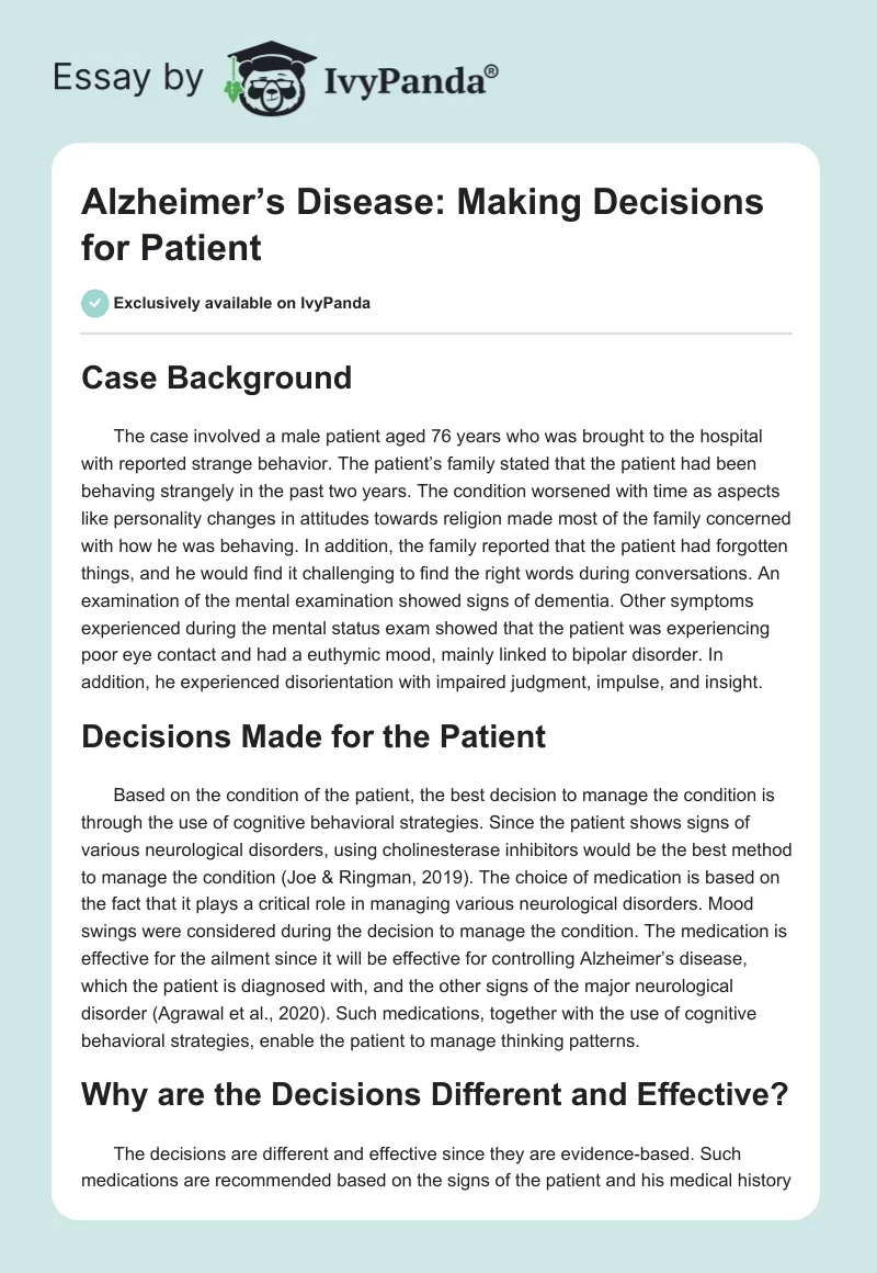 Alzheimer’s Disease: Making Decisions for Patient. Page 1
