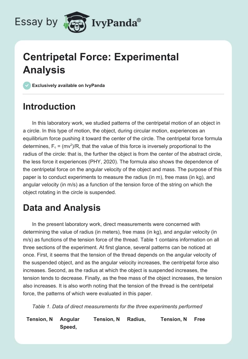 Centripetal Force: Experimental Analysis. Page 1