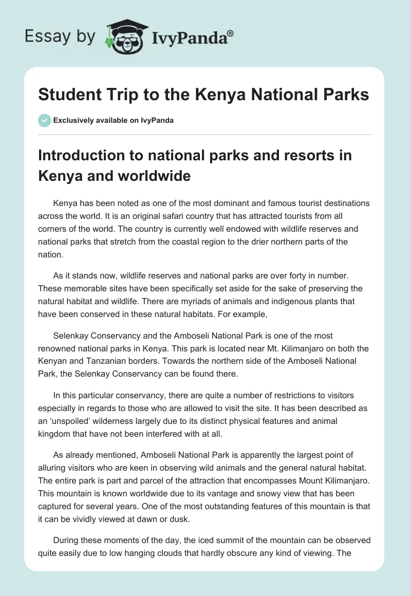 Student Trip to the Kenya National Parks. Page 1