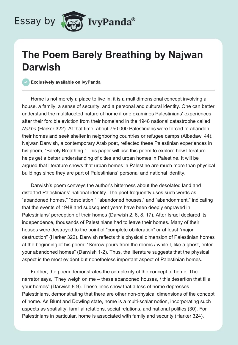 The Poem "Barely Breathing" by Najwan Darwish. Page 1