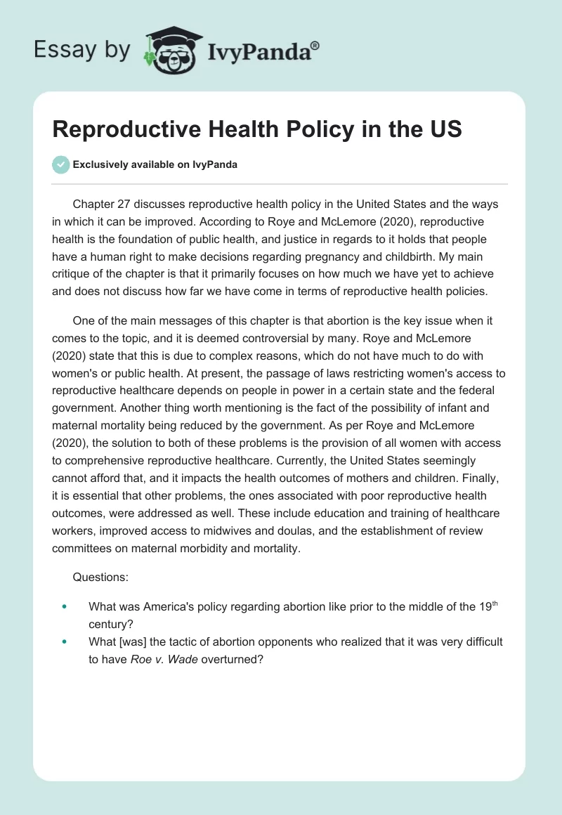 Reproductive Health Policy in the US. Page 1