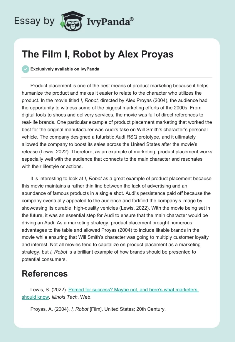 The Film "I, Robot" by Alex Proyas. Page 1