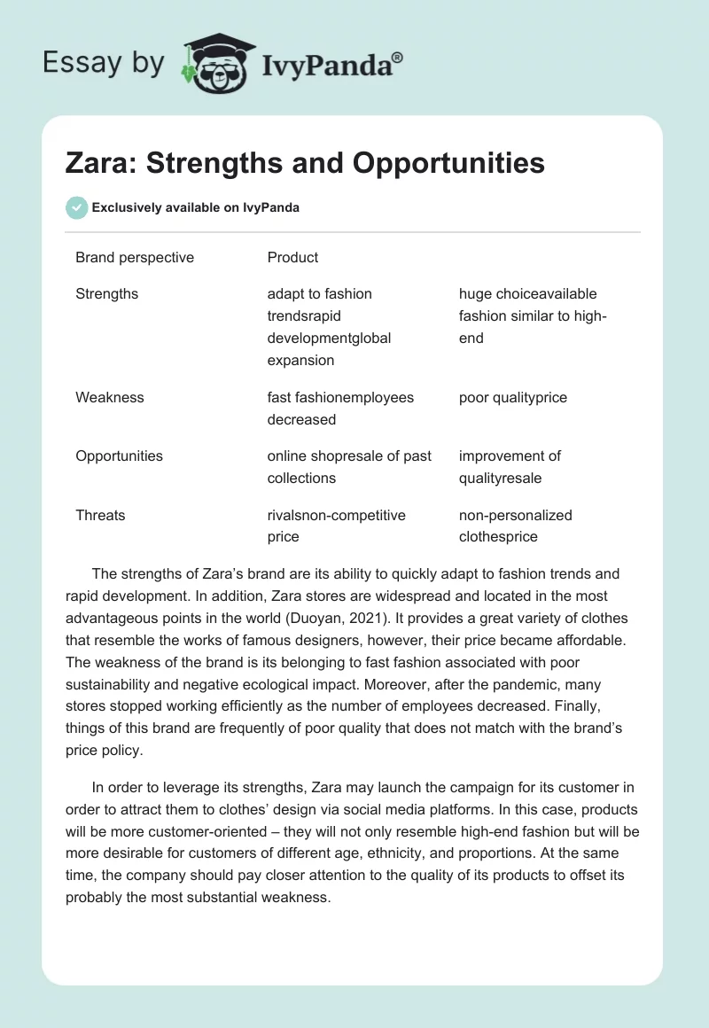 Zara: Strengths and Opportunities. Page 1