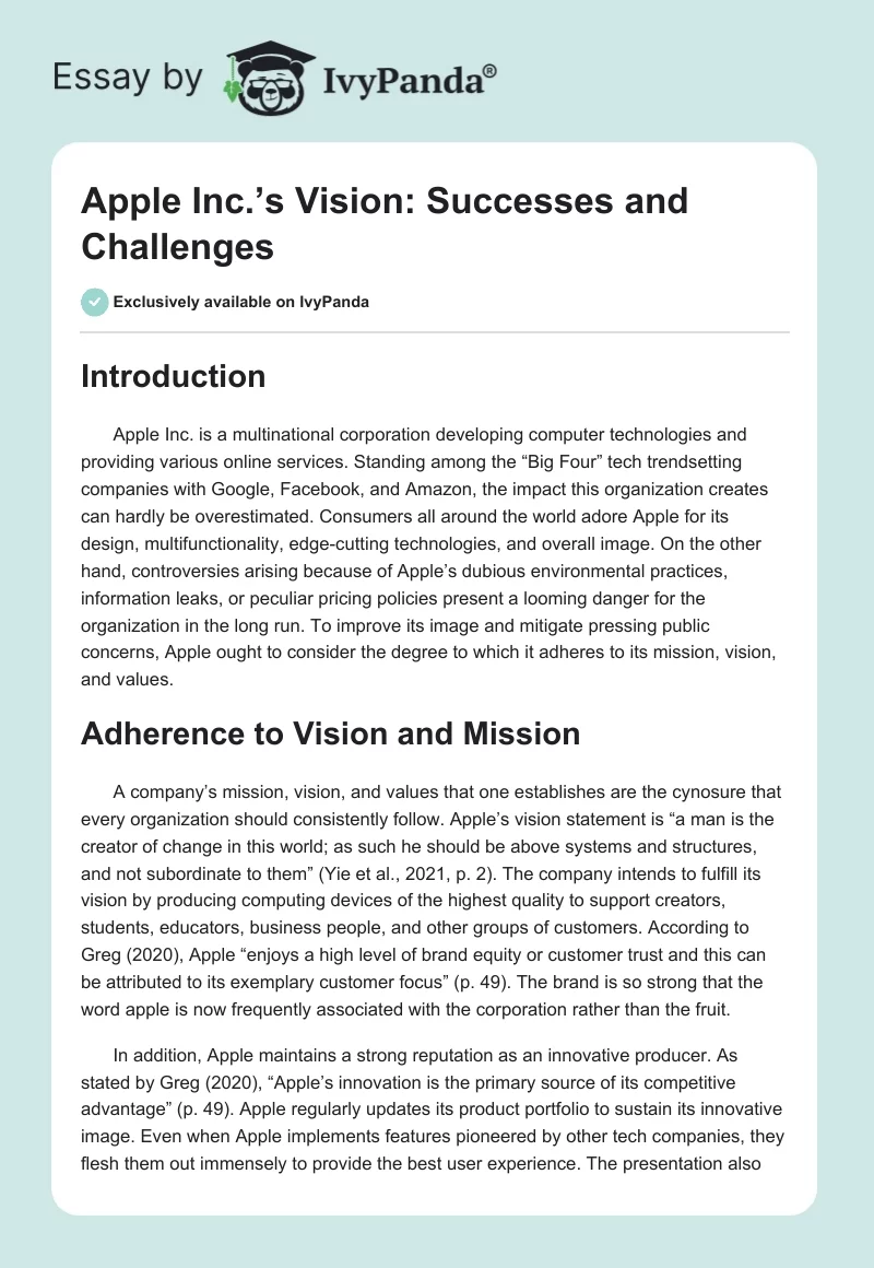 Apple Inc.’s Vision: Successes and Challenges. Page 1